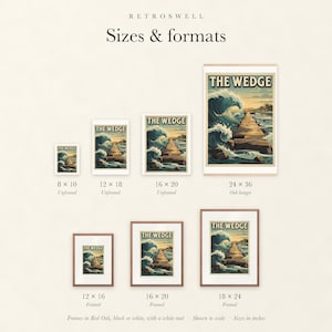 Sizes and formats for The Wedge Surf, shown to scale: unframed prints, oak hanger and framed prints.