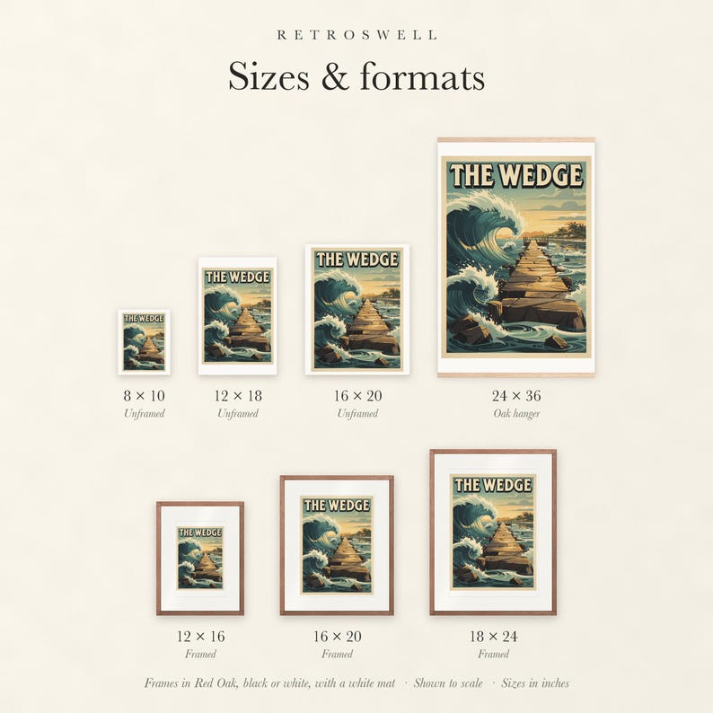 Sizes and formats for The Wedge Surf, shown to scale: unframed prints, oak hanger and framed prints.