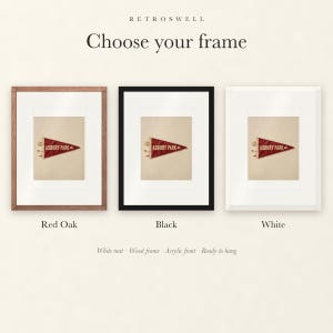 Frame options for Asbury Park Surf Pennant: Red Oak, black and white wood frames, each with a white mat.
