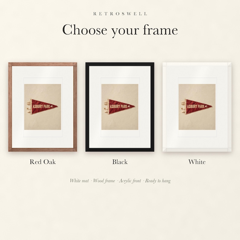 Frame options for Asbury Park Surf Pennant: Red Oak, black and white wood frames, each with a white mat.