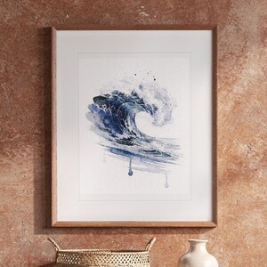 Prussian Blue Wave Watercolor Art Print, Framed or Unframed Coastal Ocean Poster image 13