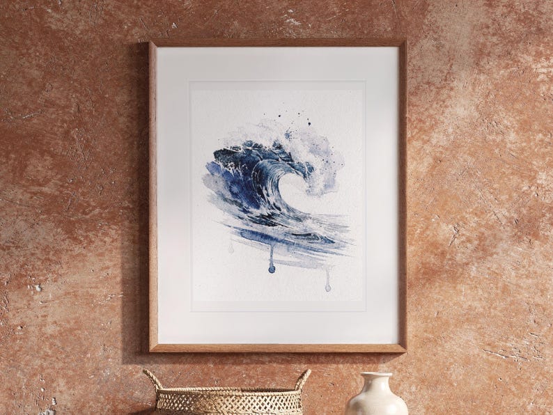 Prussian Blue Wave Watercolor Art Print, Framed or Unframed Coastal Ocean Poster image 13