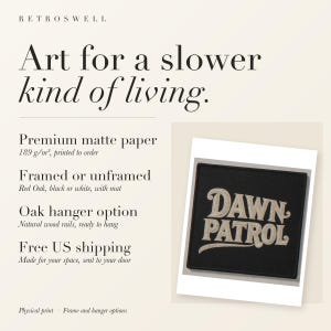 RetroSwell print details for Dawn Patrol Patch: premium 189 g/m² matte paper, framed or unframed, oak hanger option, free US shipping.