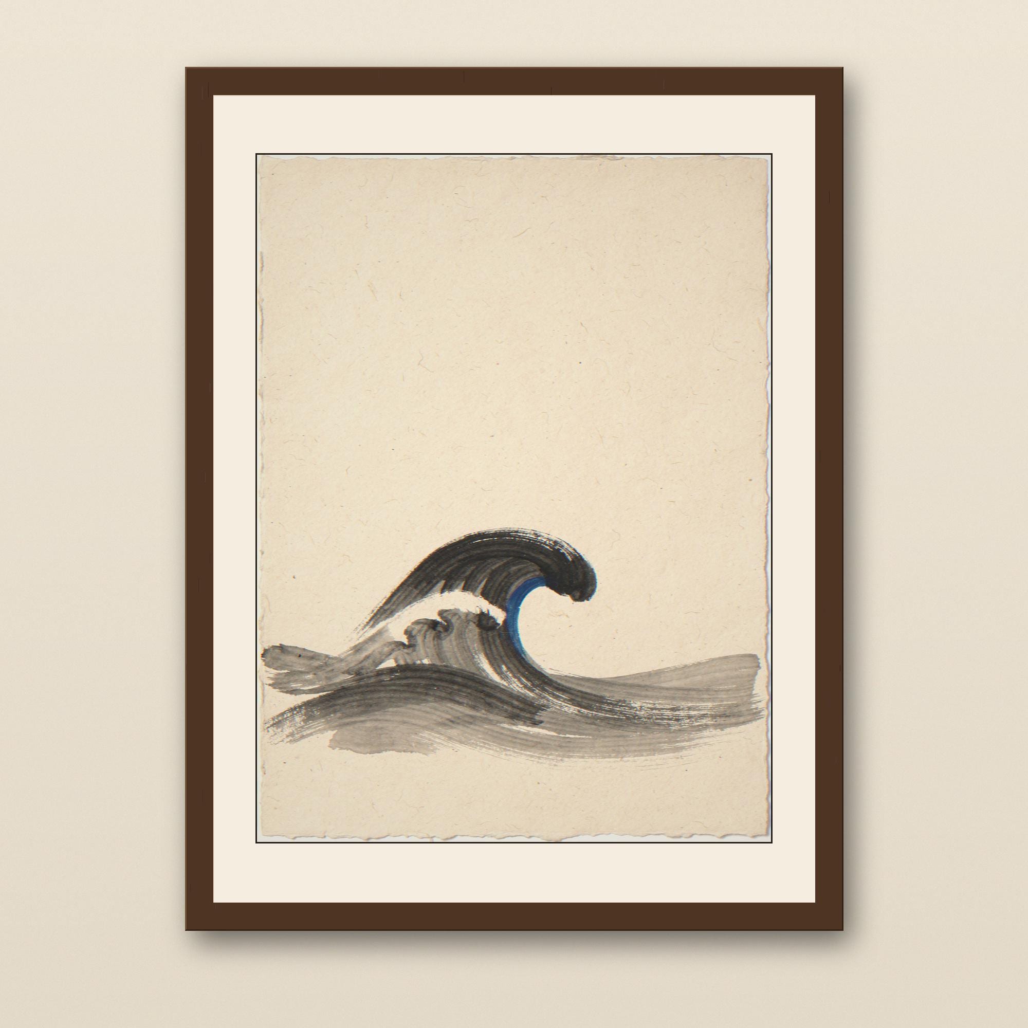 Sumi-e Breaking Wave with Cobalt Accent Print - walnut framed art print with cream mat on plaster wall