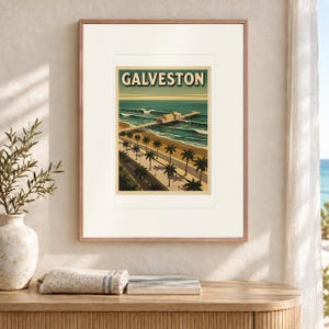 Galveston Texas Surf Travel Poster, Framed or Unframed Vintage Style Coastal Print image 2