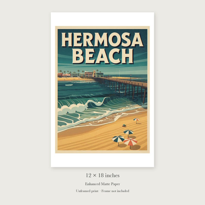 Hermosa Beach Surf unframed 12 by 18 inch print on enhanced matte paper, shown with its white paper border.