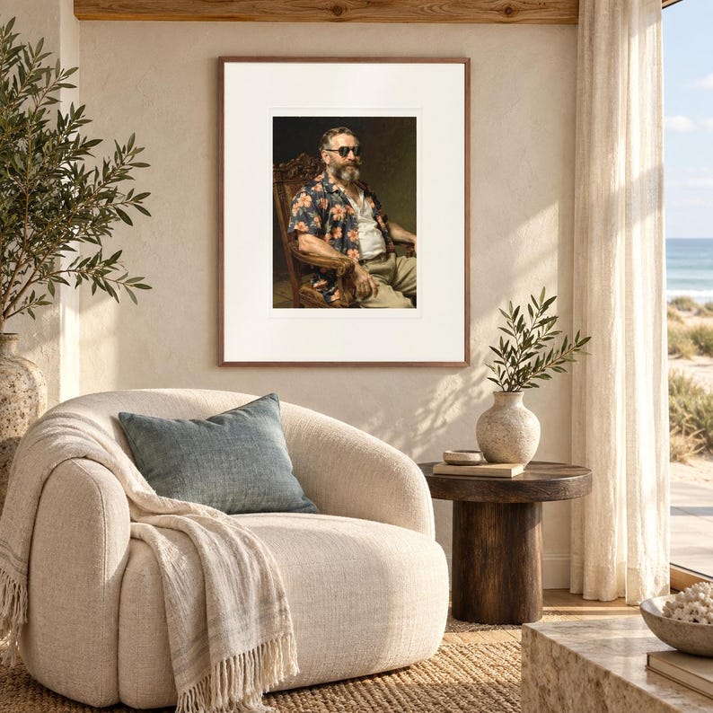 Ulysses S. Grant Surfer print in a Red Oak frame with a white mat in a light-filled coastal sitting room.