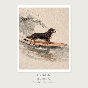 Bernese Mountain Dog Surfing unframed 16 by 20 inch print on enhanced matte paper, shown with its white paper border.