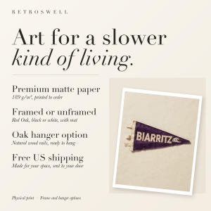 RetroSwell print details for Biarritz, France Surf Pennant: premium 189 g/m² matte paper, framed or unframed, oak hanger option, free US shipping.