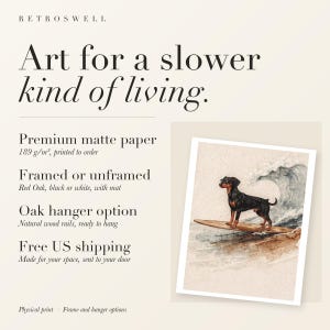 RetroSwell print details for Doberman Surfing: premium 189 g/m² matte paper, framed or unframed, oak hanger option, free US shipping.