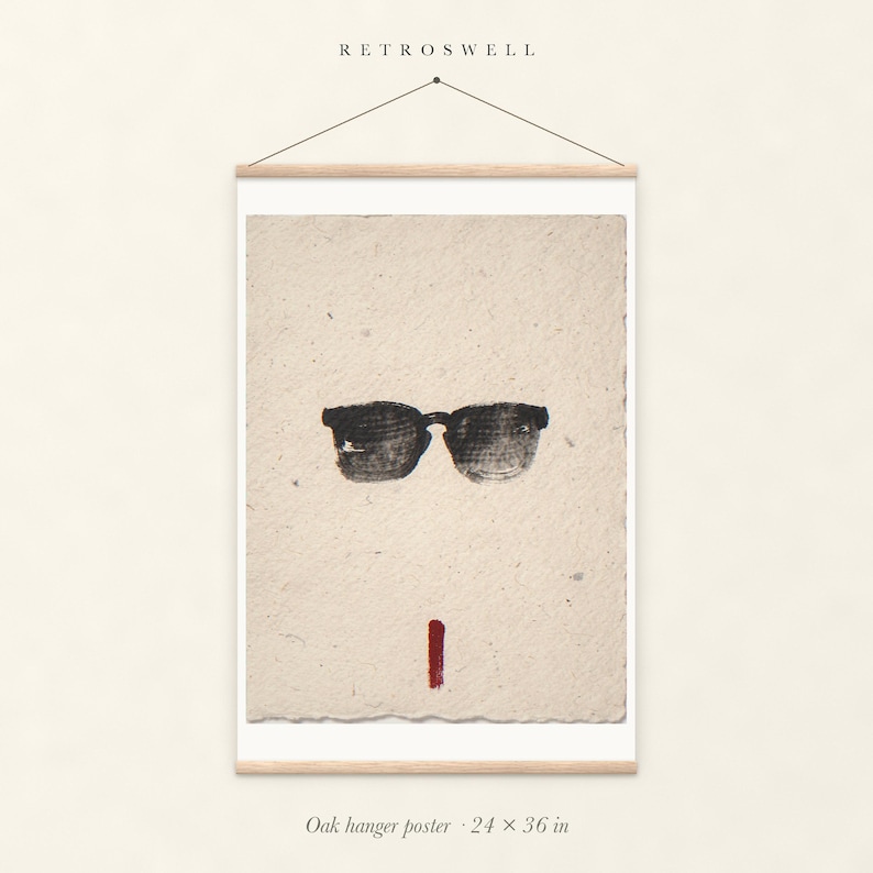 Sunglasses Ink Style oak hanger poster, 24 by 36 inches, with natural wood rails and a hanging cord.