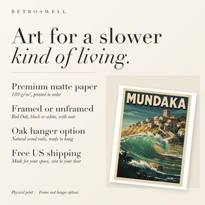 RetroSwell print details for Mundaka Spain Surf: premium 189 g/m² matte paper, framed or unframed, oak hanger option, free US shipping.