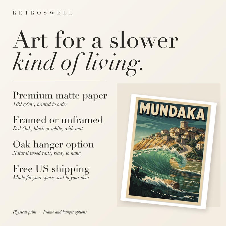 RetroSwell print details for Mundaka Spain Surf: premium 189 g/m² matte paper, framed or unframed, oak hanger option, free US shipping.
