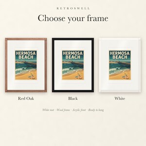 Frame options for Hermosa Beach Surf: Red Oak, black and white wood frames, each with a white mat.