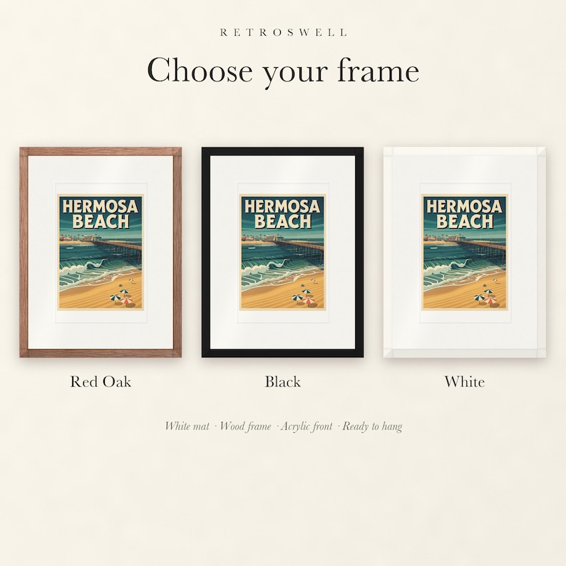 Frame options for Hermosa Beach Surf: Red Oak, black and white wood frames, each with a white mat.
