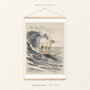 Labrador Surfing oak hanger poster, 24 by 36 inches, with natural wood rails and a hanging cord.