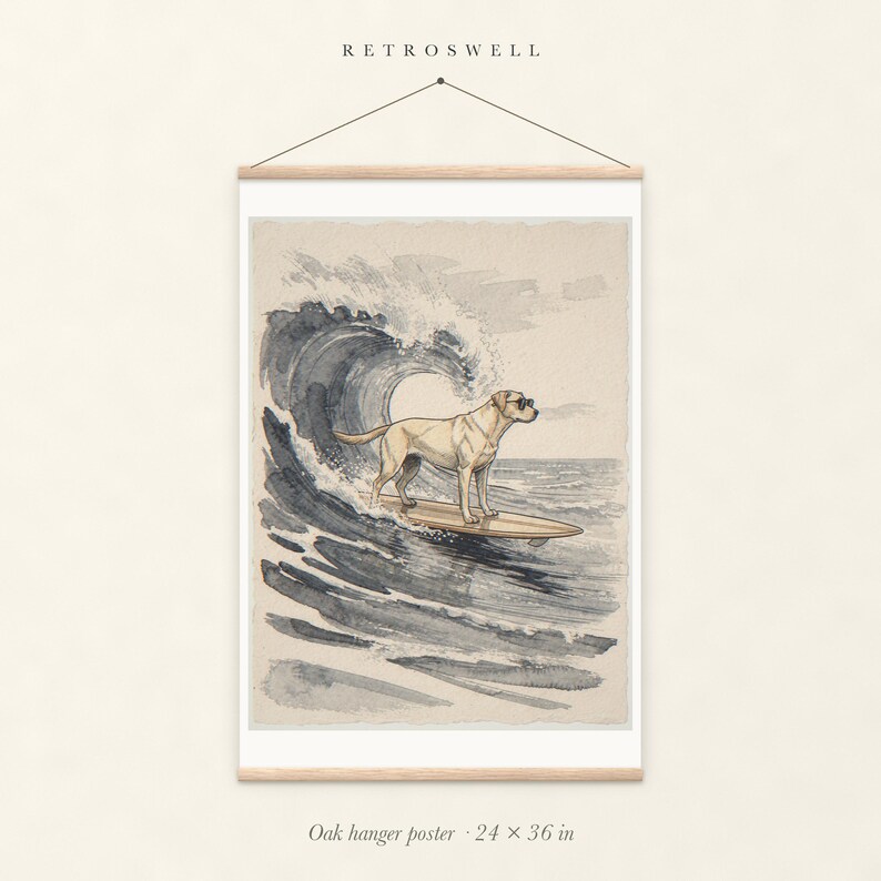 Labrador Surfing oak hanger poster, 24 by 36 inches, with natural wood rails and a hanging cord.