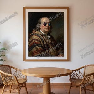 Benjamin Franklin Surfing Print framed in a coastal dining room setting
