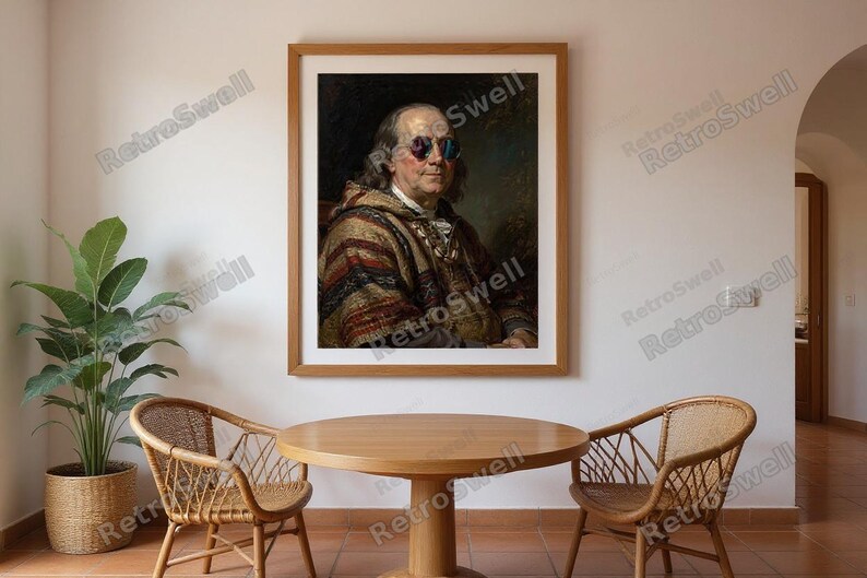 Benjamin Franklin Surfing Print framed in a coastal dining room setting