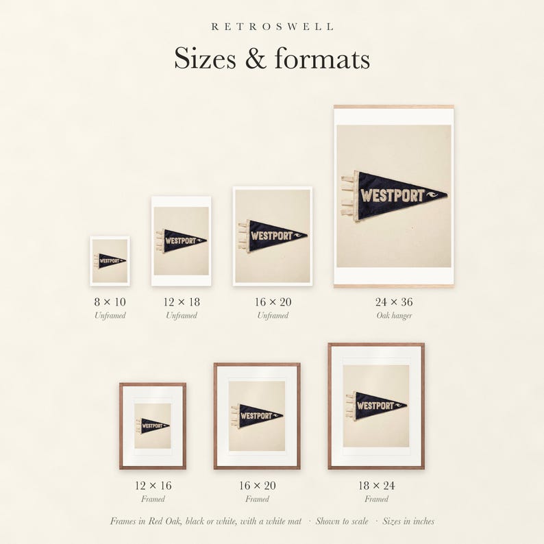 Sizes and formats for Westport Surf Pennant, shown to scale: unframed prints, oak hanger and framed prints.