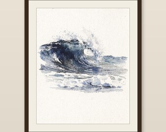 Watercolor Wave Art Rolling Break Indigo Ocean Painting Coastal Wall Decor Beach House Print Printable Wall Art Digital Download