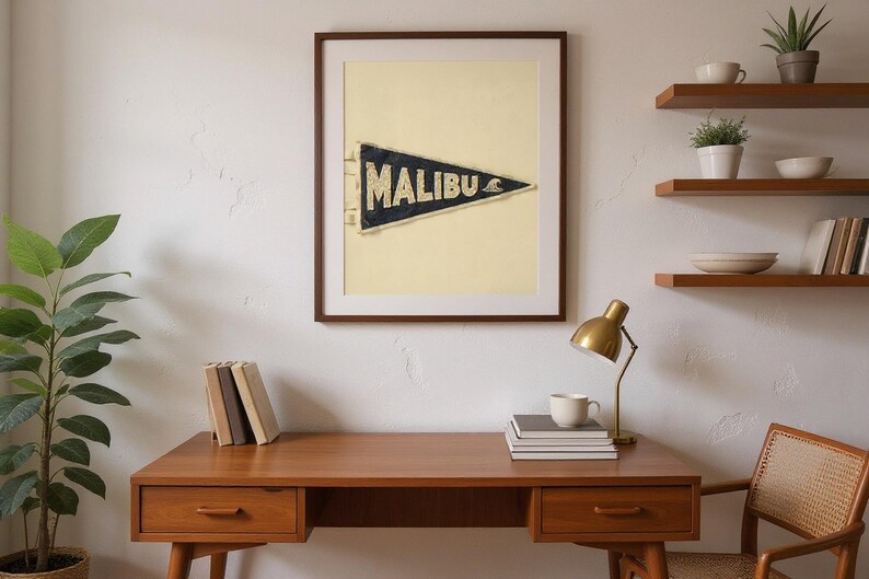 Malibu Vintage Surf Pennant Print framed in a home office setting