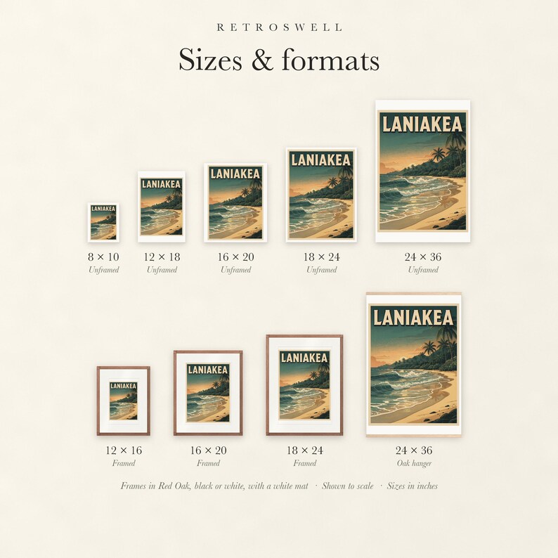 Sizes and formats for Laniakea Surf, shown to scale: unframed prints from 8 by 10 to 24 by 36 inches, oak hanger and framed prints.