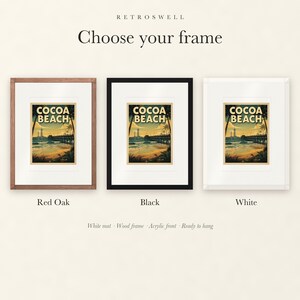 Frame options for Cocoa Beach Surf: Red Oak, black and white wood frames, each with a white mat.