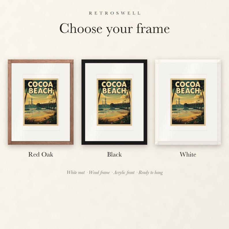 Frame options for Cocoa Beach Surf: Red Oak, black and white wood frames, each with a white mat.