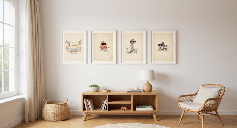 Ocean Nursery Gallery Wall Bundle displayed in coastal living room