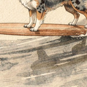 Australian Shepherd Surfing Print | Watercolor Dog Wall Art | Coastal Beach Decor | Printable Instant Download | Aussie Gift image 3
