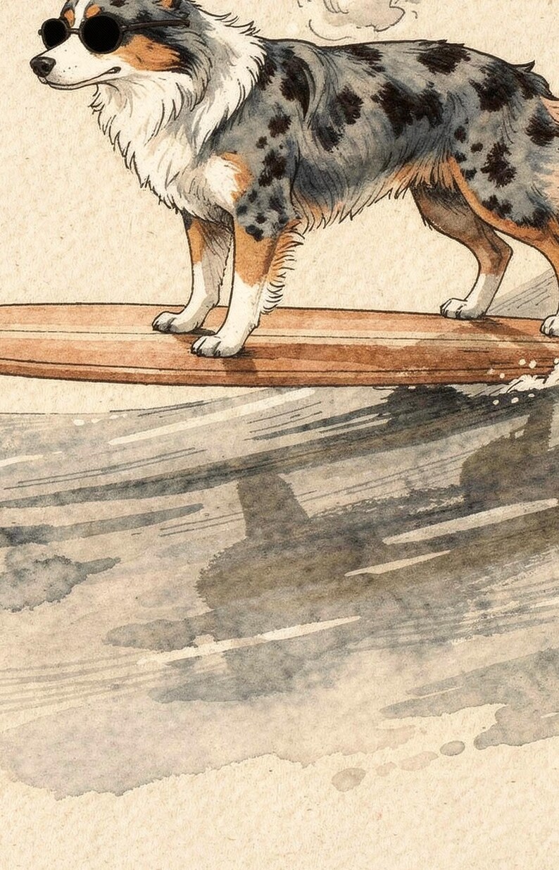 Australian Shepherd Surfing Print | Watercolor Dog Wall Art | Coastal Beach Decor | Printable Instant Download | Aussie Gift image 3