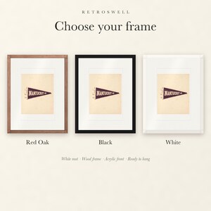 Frame options for Nantucket, Massachusetts Surf Pennant: Red Oak, black and white wood frames, each with a white mat.