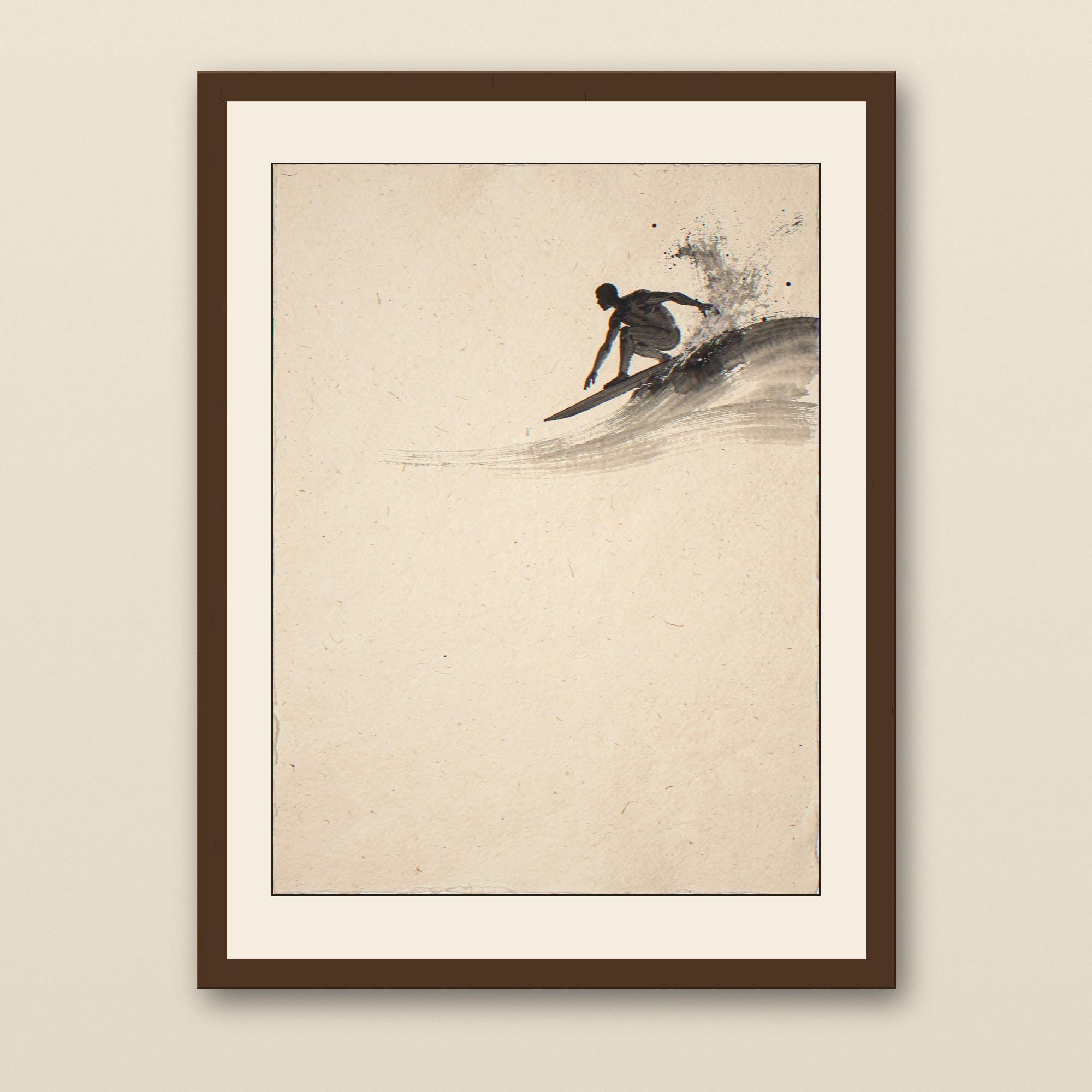 Sumi-e Surfer Cutback Print - walnut framed art print with cream mat on plaster wall