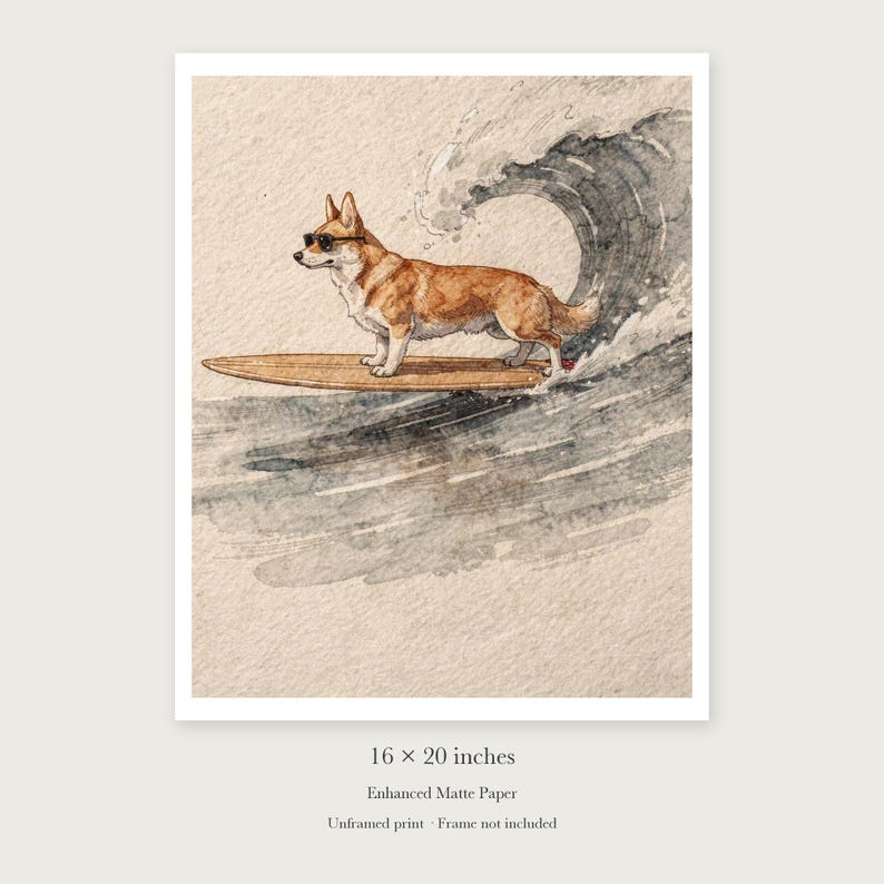 Corgi Surfing unframed 16 by 20 inch print on enhanced matte paper, shown with its white paper border.