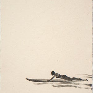 Surfer paddling on board unframed printed artwork and full composition with its paper border.