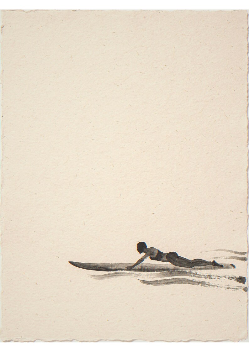 Surfer paddling on board unframed printed artwork and full composition with its paper border.
