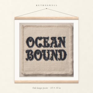 Ocean Bound Patch oak hanger poster, 18 by 18 inches, with natural wood rails and a hanging cord.