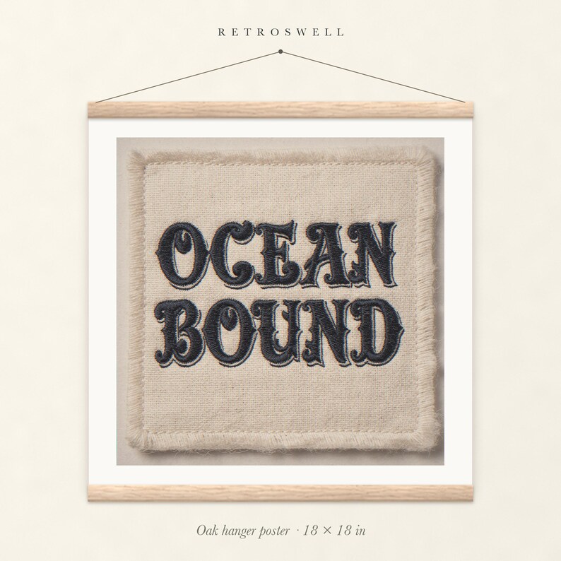 Ocean Bound Patch oak hanger poster, 18 by 18 inches, with natural wood rails and a hanging cord.