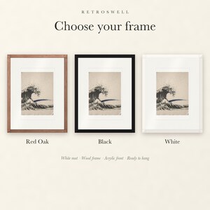 Frame options for Crashing Wave Ink Style: Red Oak, black and white wood frames, each with a white mat.