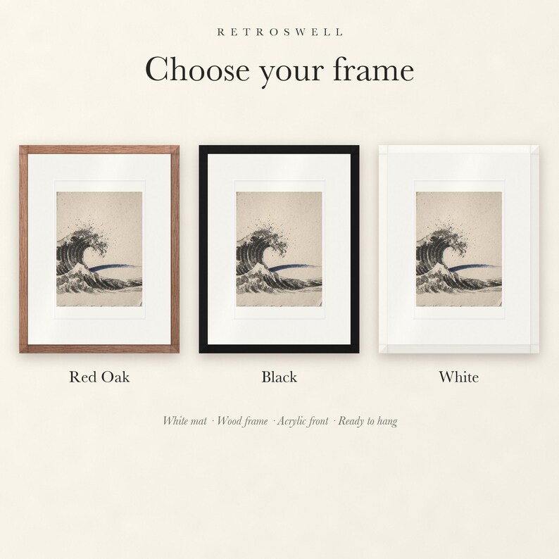 Frame options for Crashing Wave Ink Style: Red Oak, black and white wood frames, each with a white mat.