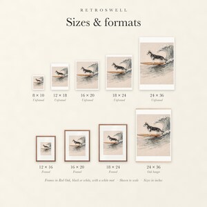 Sizes and formats for Husky Surfing, shown to scale: unframed prints from 8 by 10 to 24 by 36 inches, oak hanger and framed prints.