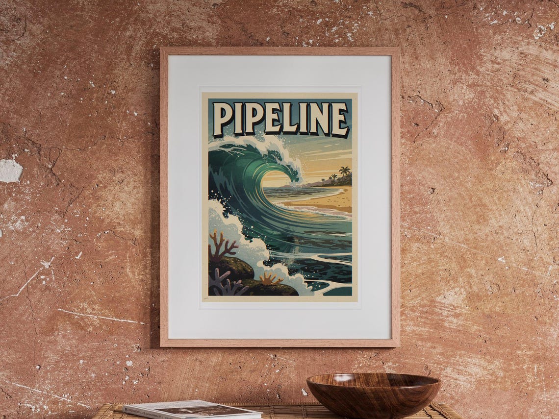 Pipeline Hawaii Surf Travel Poster print in a Red Oak frame with a white mat, hanging above the table in a boho living room.