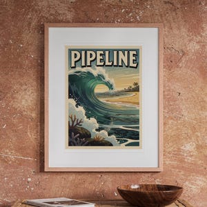 Pipeline Hawaii Surf Travel Poster print in a Red Oak frame with a white mat, hanging above the table in a boho living room.