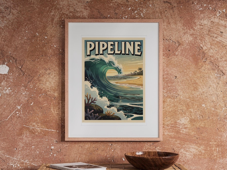 Pipeline Hawaii Surf Travel Poster print in a Red Oak frame with a white mat, hanging above the table in a boho living room.