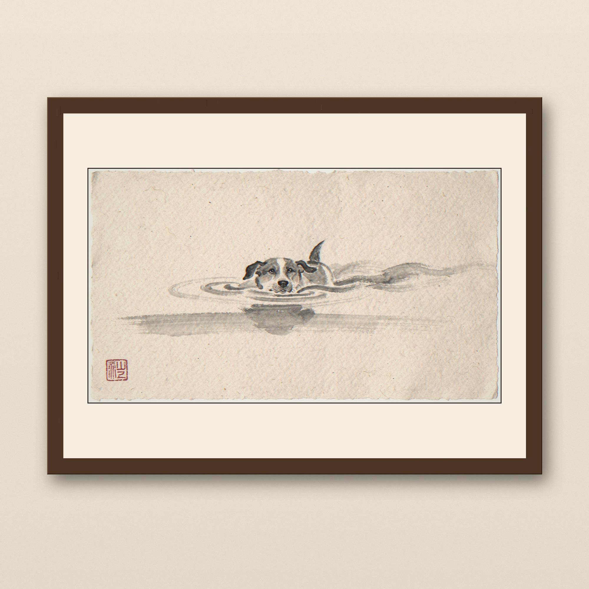 Xieyi Ink Dog Paddling In Ocean Print - walnut framed art print with cream mat on plaster wall
