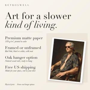 RetroSwell print details for Alexander Hamilton Surfer: premium 189 g/m² matte paper, framed or unframed, oak hanger option, free US shipping.