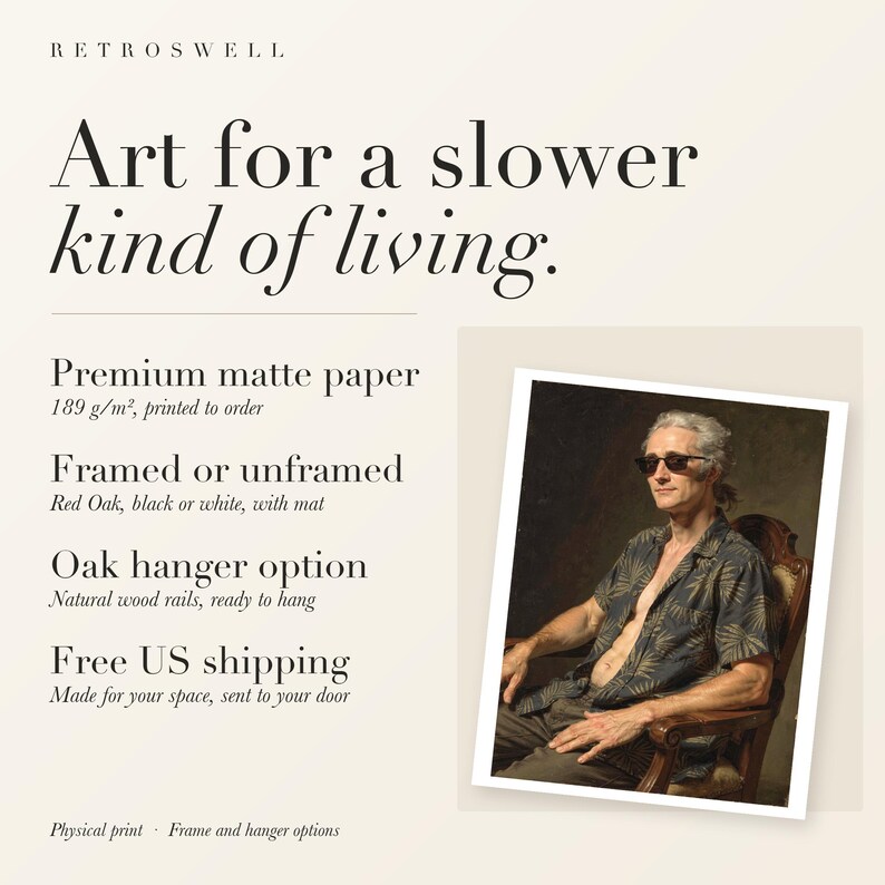 RetroSwell print details for Alexander Hamilton Surfer: premium 189 g/m² matte paper, framed or unframed, oak hanger option, free US shipping.