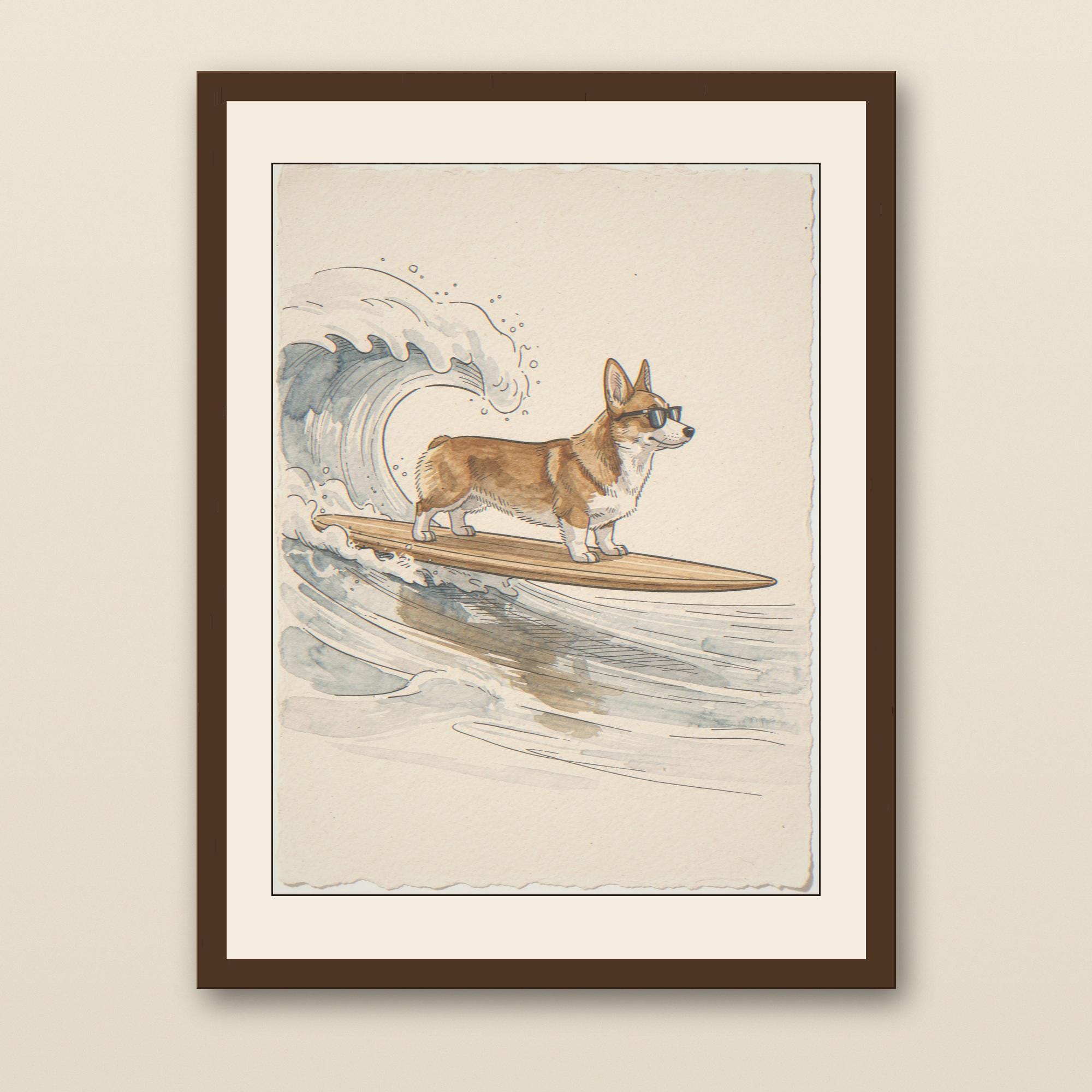 Corgi Surfing Print - walnut framed art print with cream mat on plaster wall