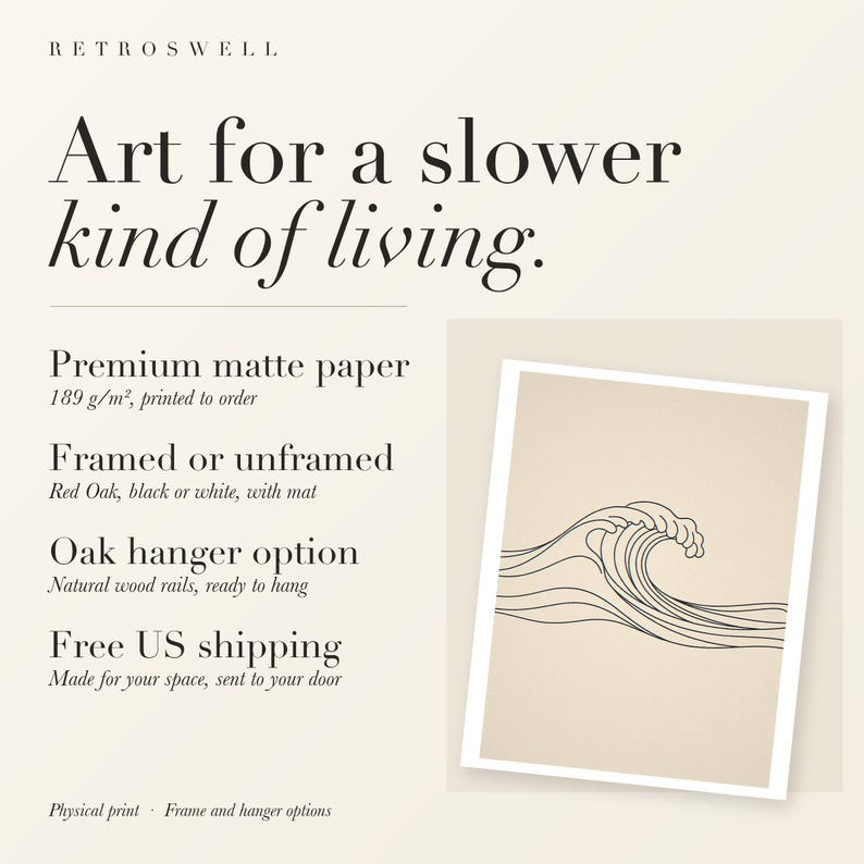 RetroSwell print details for Breaking Wave Line: premium 189 g/m² matte paper, framed or unframed, oak hanger option, free US shipping.